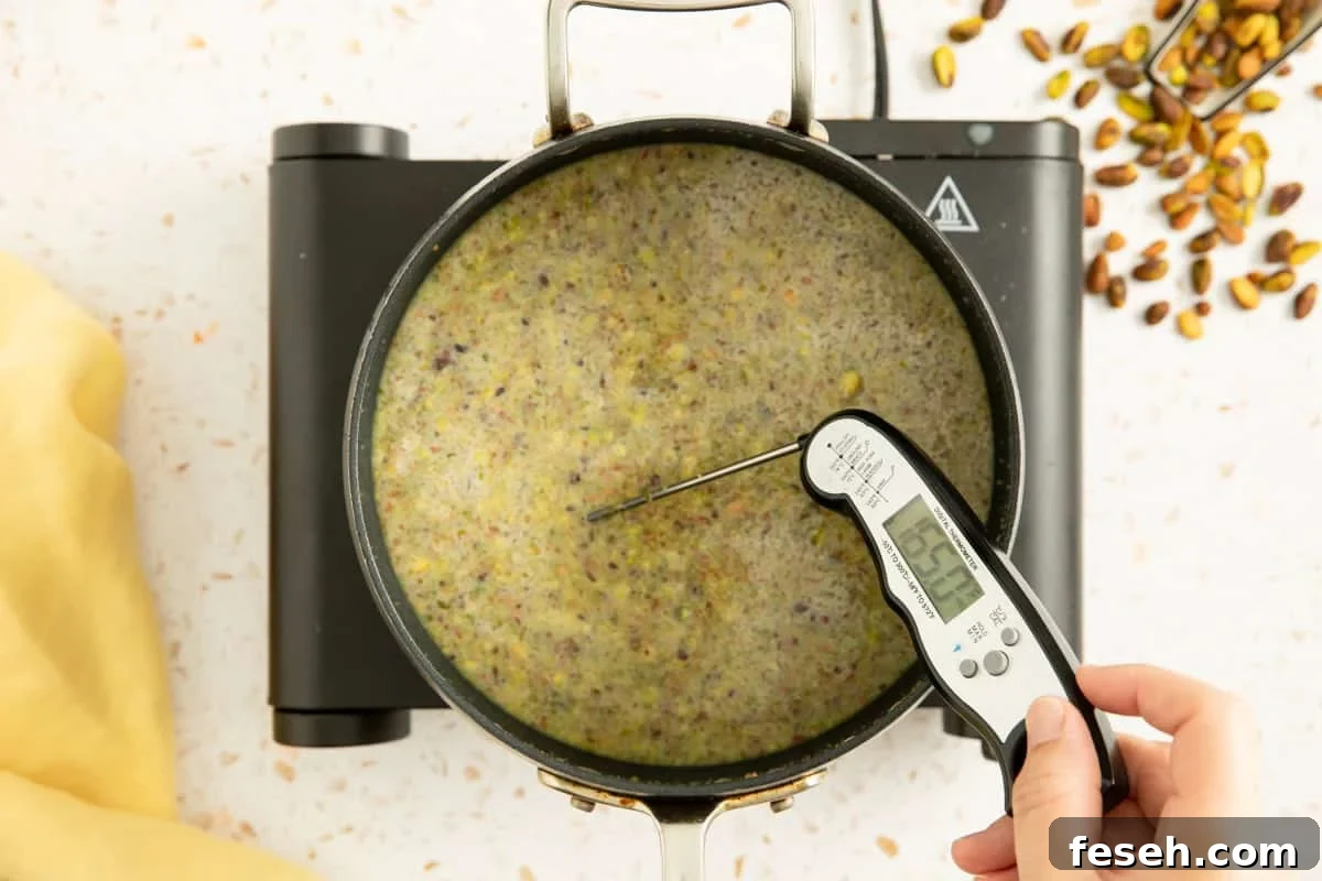 Pistachio ice cream mixture being heated up with a thermometer in it.