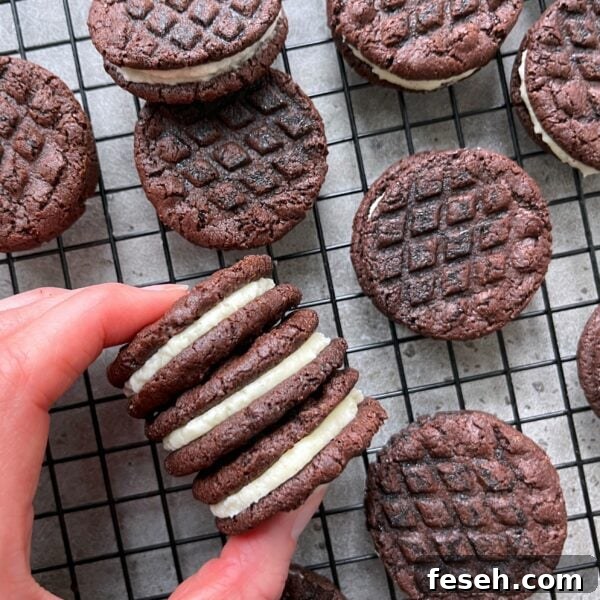 A hand holds three Homemade Oreos with cream filling over a cooling rack filled with more cookies.