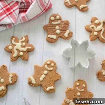 High protein gingerbread cookies with frosting and a cookie cutter in the middle.