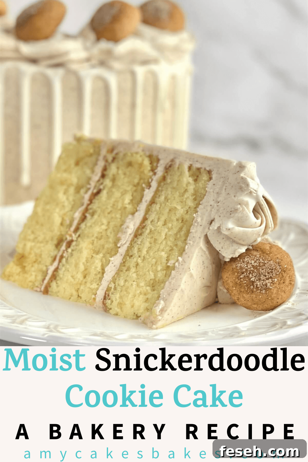 Pinterest-style pin of snickerdoodle cake slice