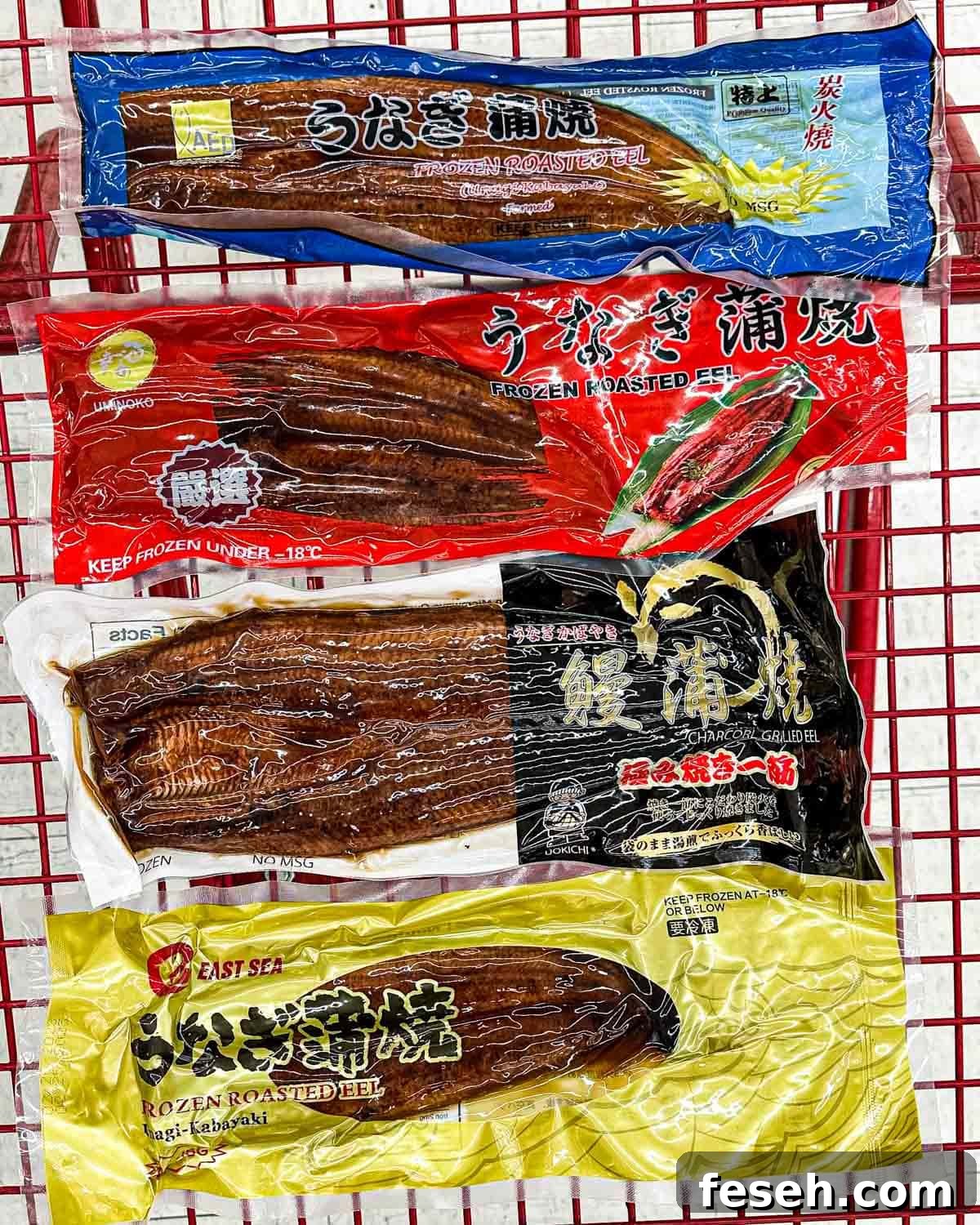 4 different packages of frozen eel at the grocery store.