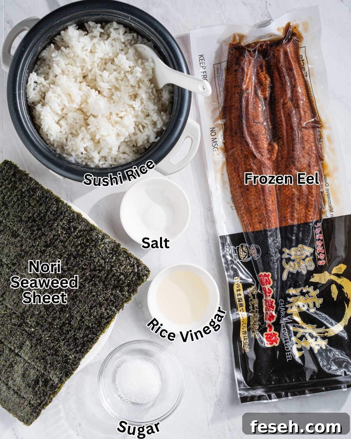 Ingredients needed for unagi sushi with label: sushi rice, frozen eel, salt, sugar, rice vinegar, and nori sheet.