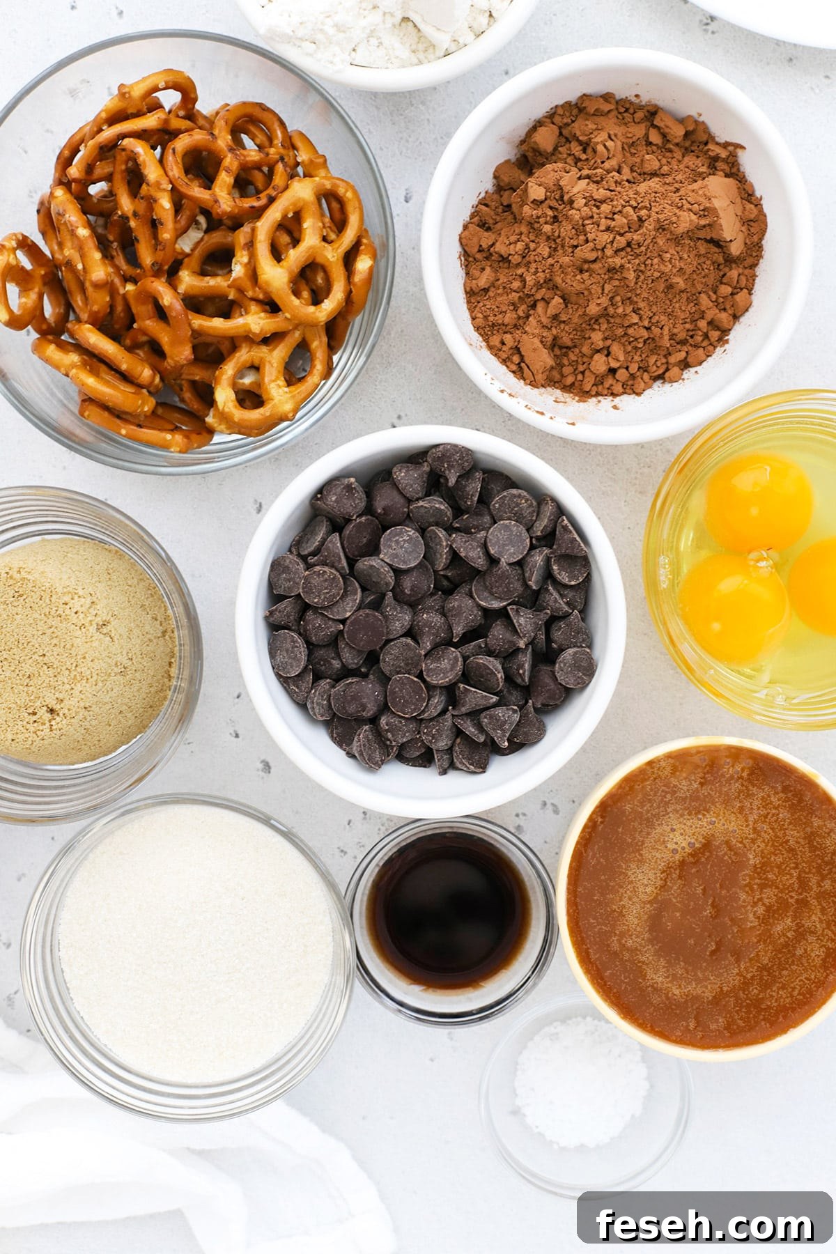Overhead view of ingredients for gluten-free caramel pretzel brownies