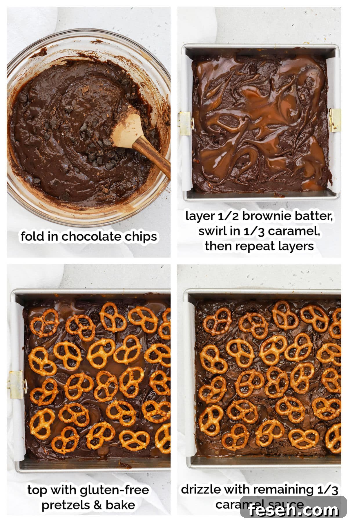 making caramel pretzel brownies step by step
