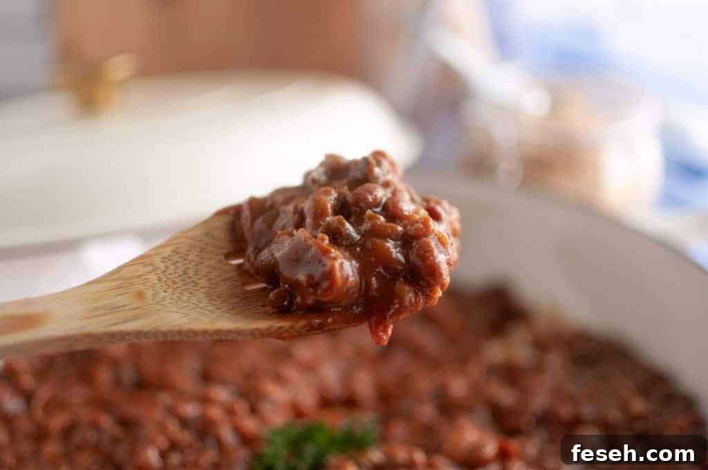 17 Pantry-Friendly Nanna Casseroles That Taste Homemade and Luxurious 8 A close-up of a wooden spoon holding a serving of baked beans casserole, with a pot of chili in the background.