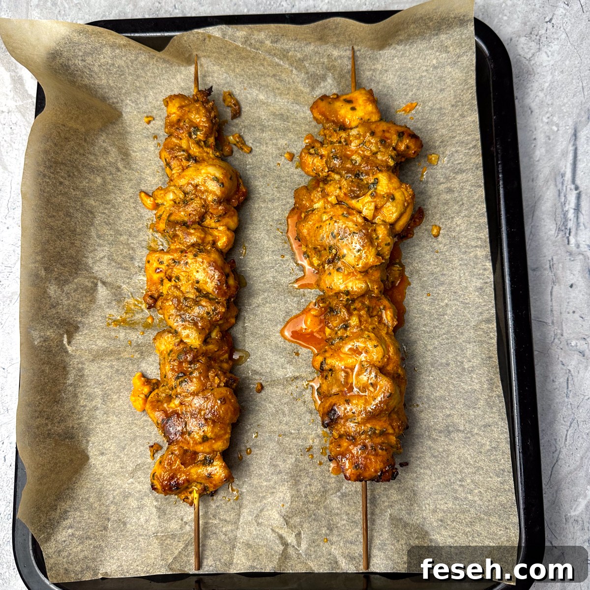 Slide them onto soaked, wooden skewers & bake for 20 minutes!