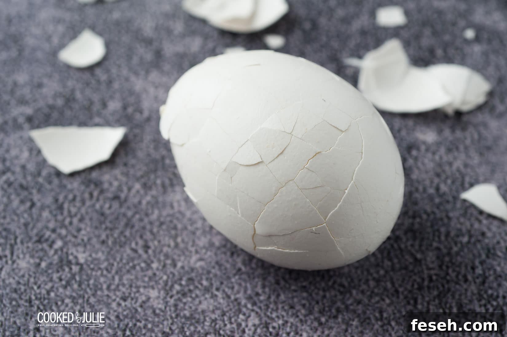 a white egg with the shell cracked and scattered egg shell pieces on a blue background