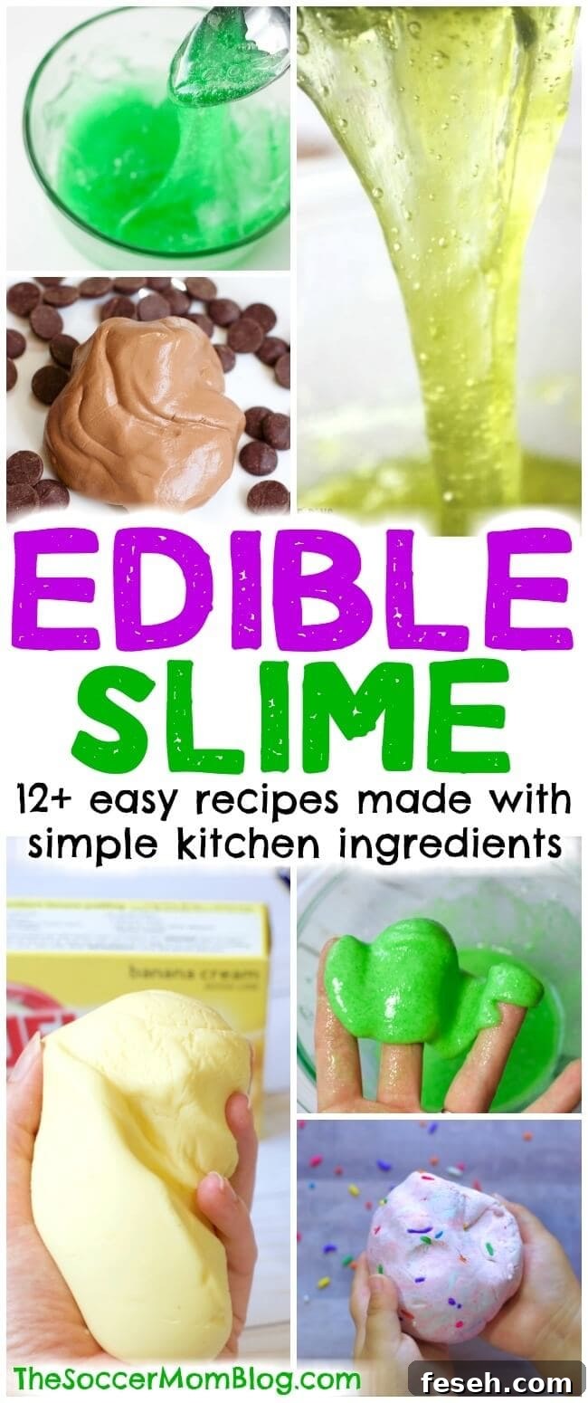 A huge collection of edible slime recipes for kids -- made with safe, non-toxic ingredients found at home. How to make slime without borax, starch or glue.