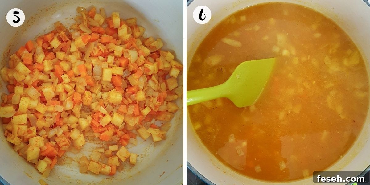 add turmeric and stock and simmer