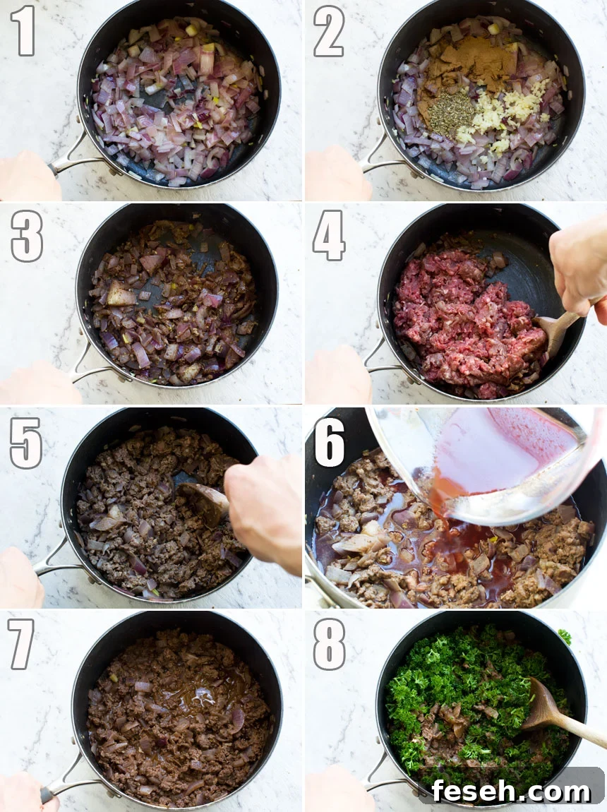 A series of 6 images showing how to make Greek bolognese sauce for moussaka