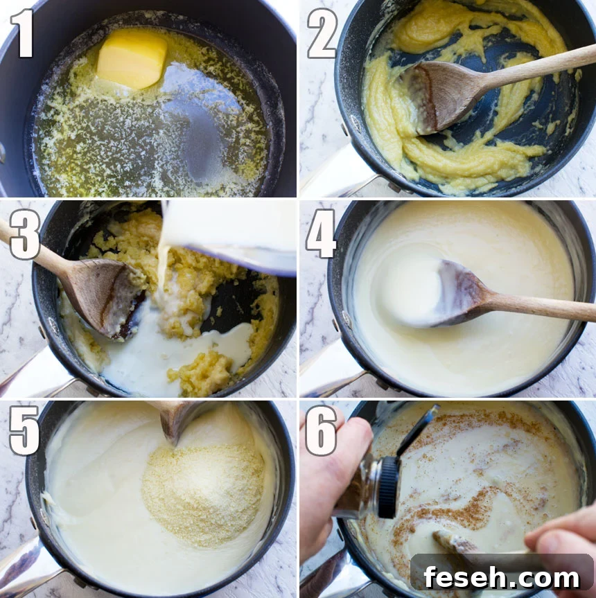 A series of 6 images shwowing how to make bechamel sauce for moussaka