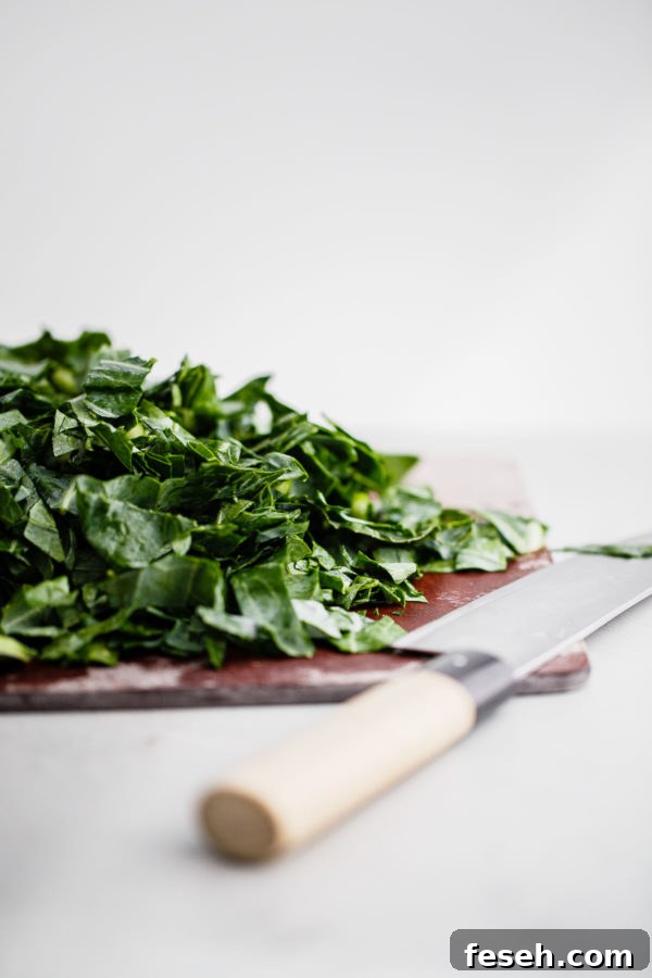 Chopped Collard Greens on Cutting Board 