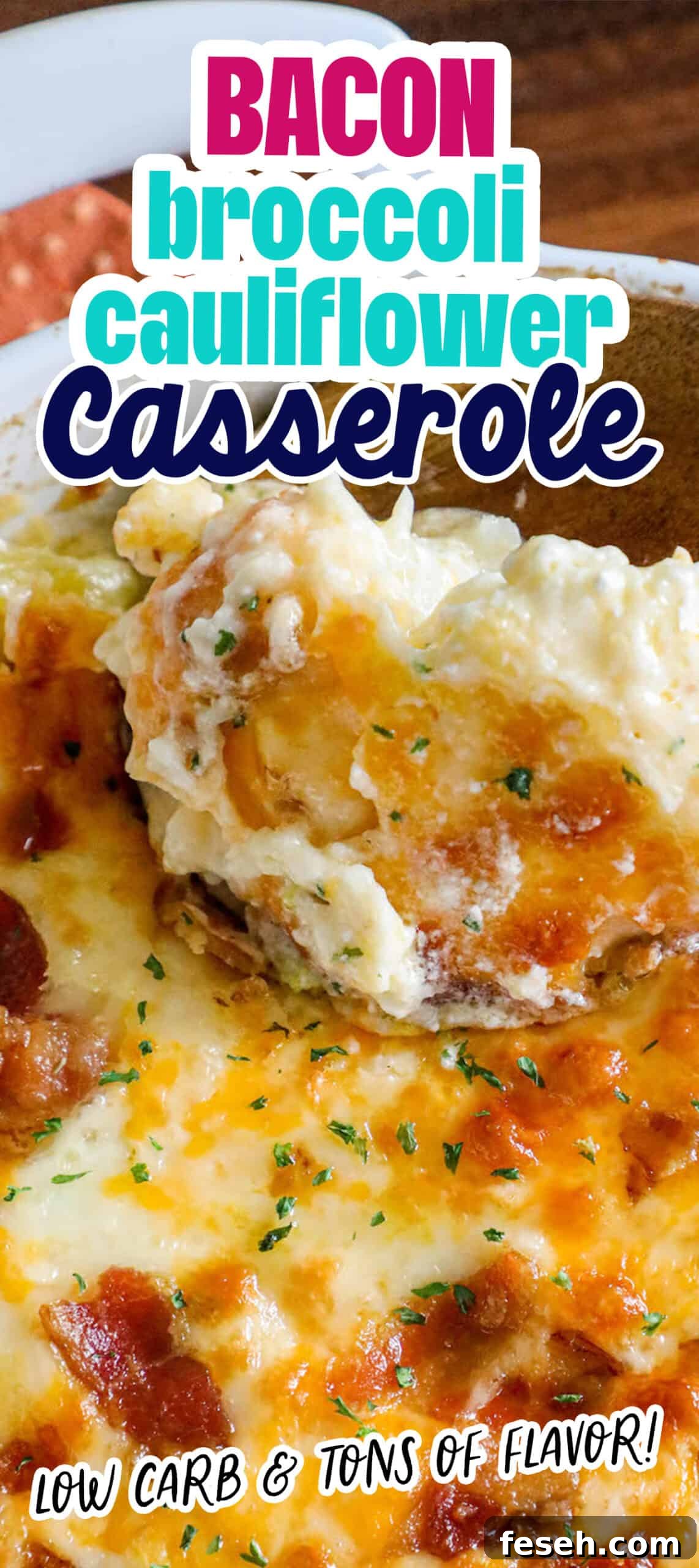 A delectable casserole made with broccoli, cauliflower, and bacon.