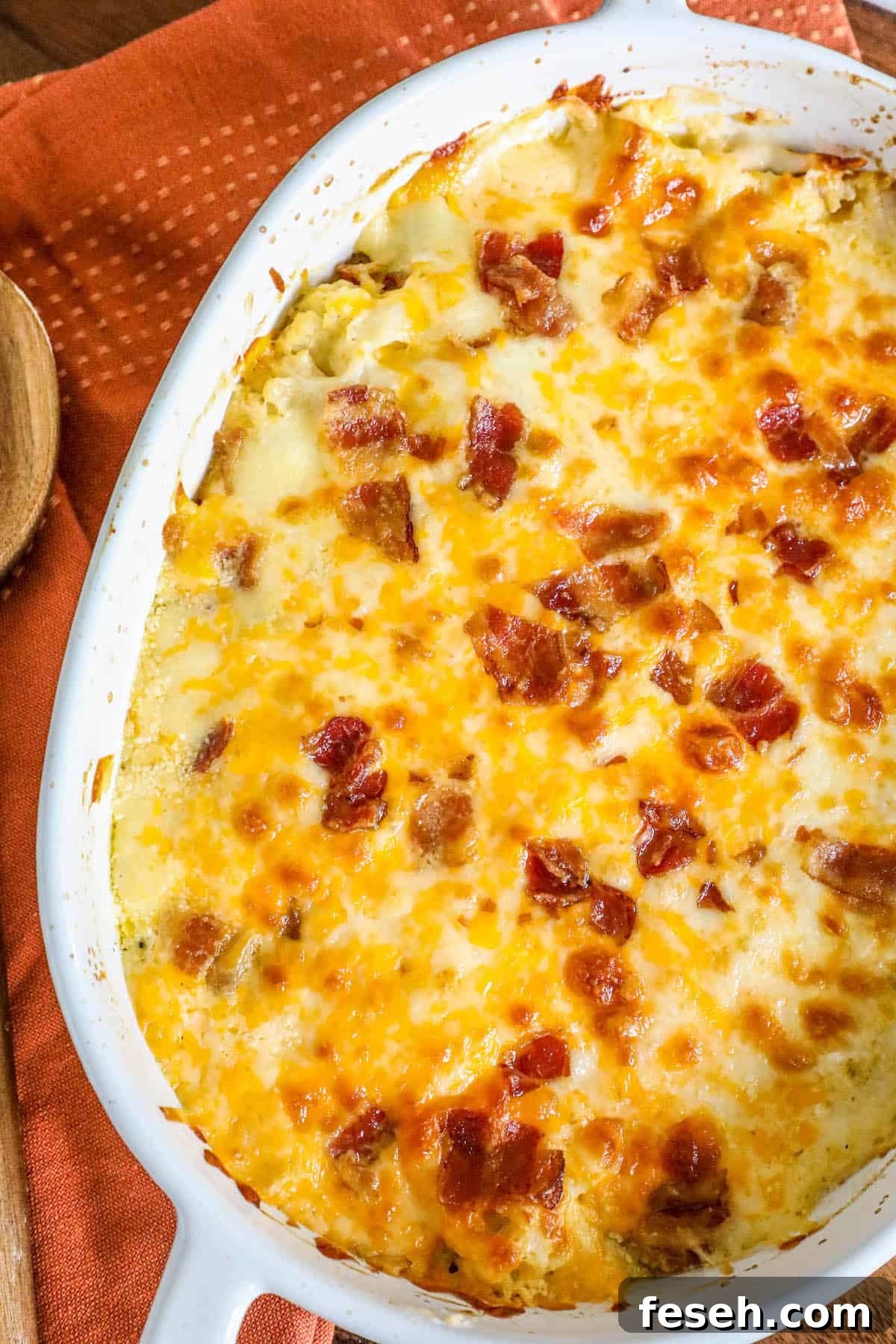 A broccoli and cauliflower casserole with bacon and cheese.