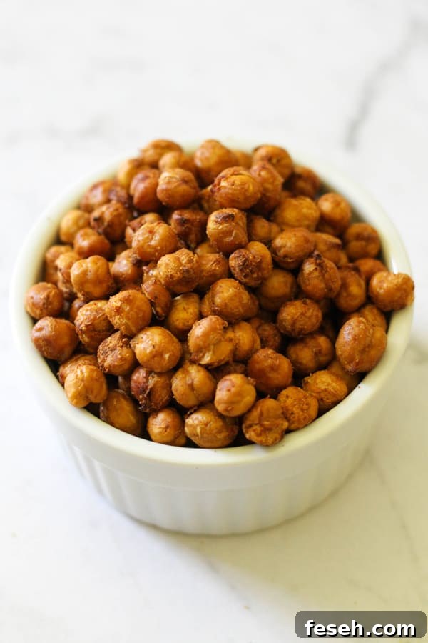 crispy chickpeas in a white bowl.