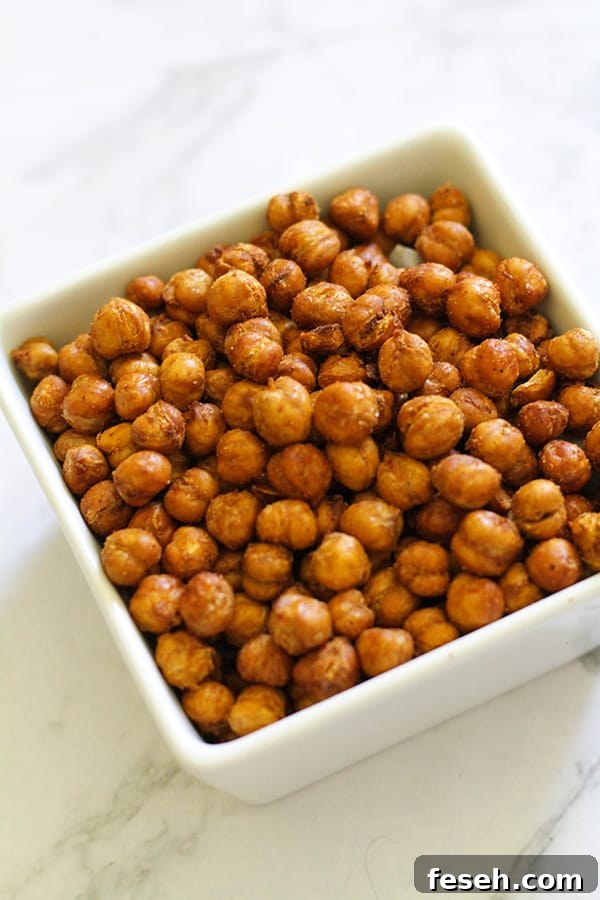 crispy chickpeas in a white bowl.