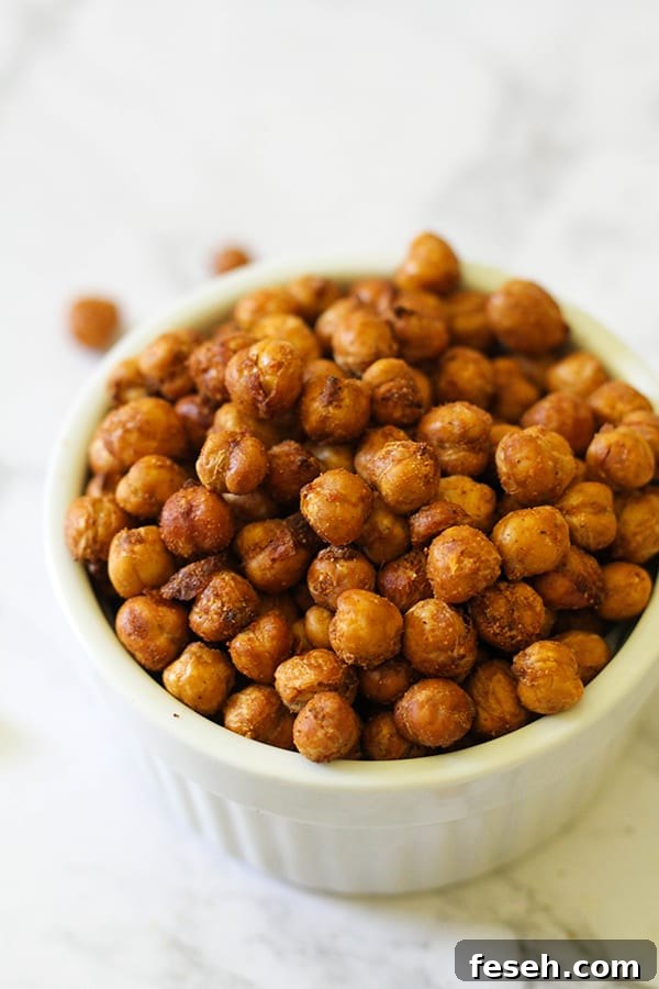 crispy chickpeas in a white bowl.