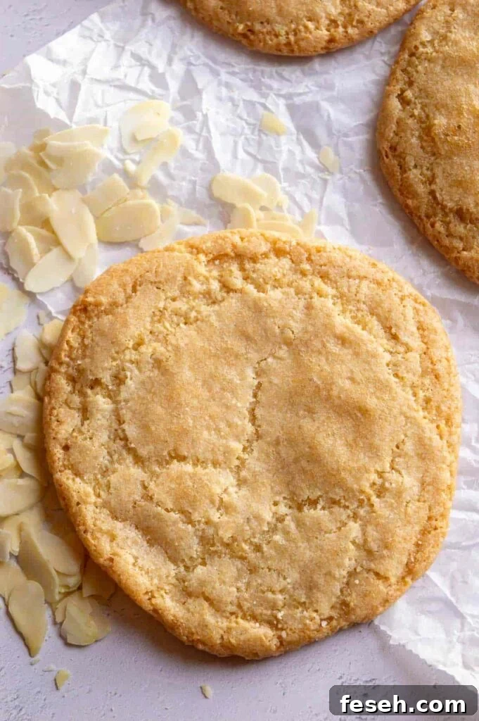 A golden cookie on top of some flaked almonds and wrinkled white paper.