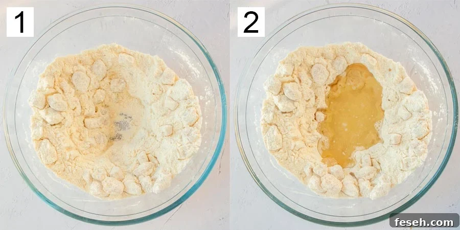 Split image labelled 1 on the left showing a glass bowl with flour, and 2 on the right with a well in the centre with golden liquid.