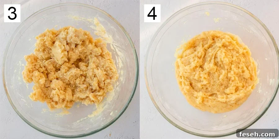 Split image labelled 3 on the left showing a rough yellow dough in a glass bowl, and on the right labelled 4 a smoother dough.