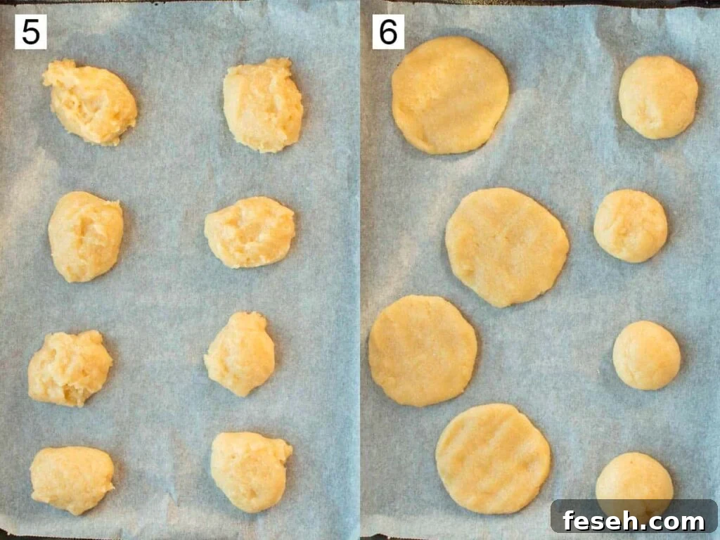 Split image with left side labelled six showing dollops of yellow cookie dough on baking paper, and right side labelled six showing half the dough rolled into balls and the other half flattened.