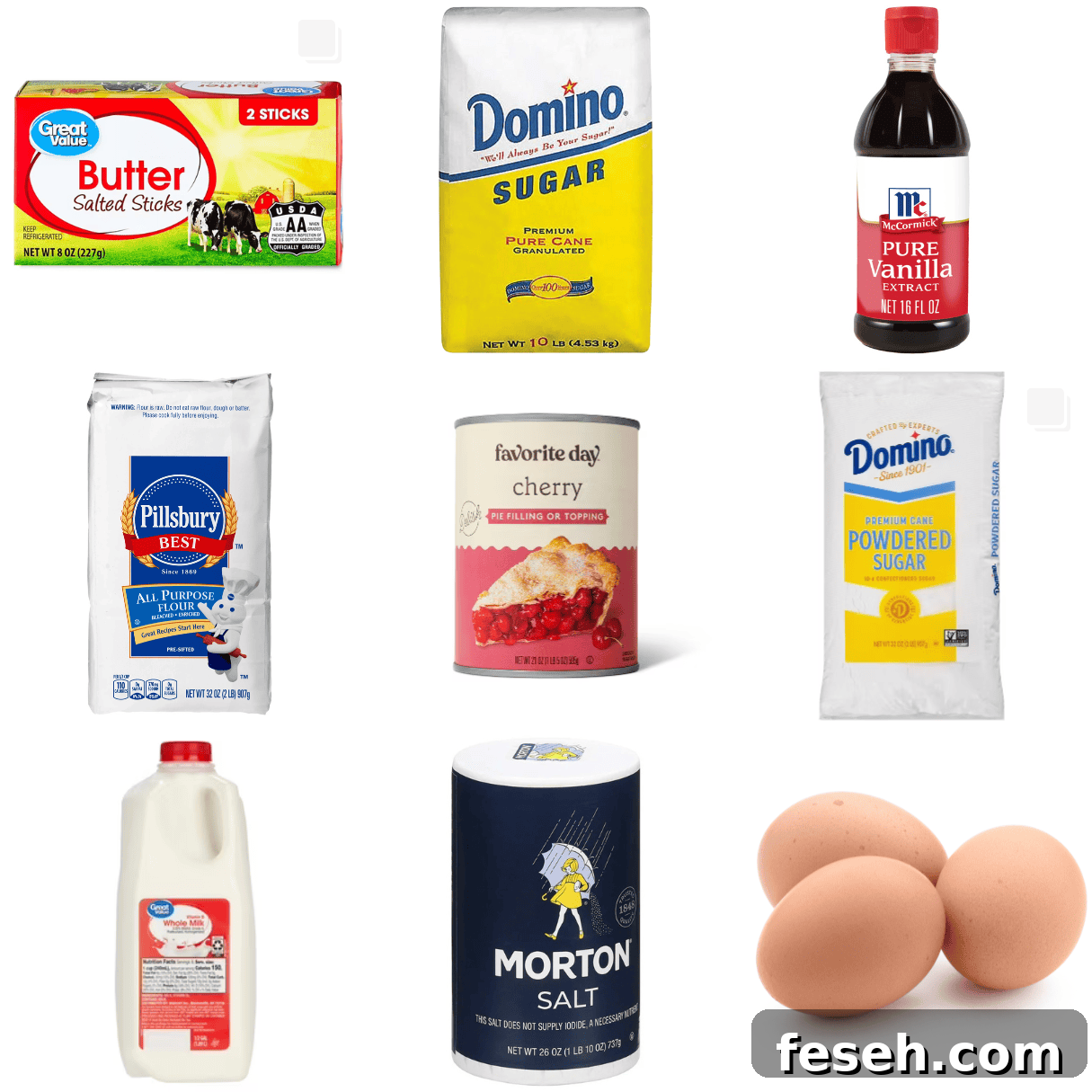 ingredients including butter, white sugar, vanilla, flour, cherry pie filling, powdered sugar, and eggs. 