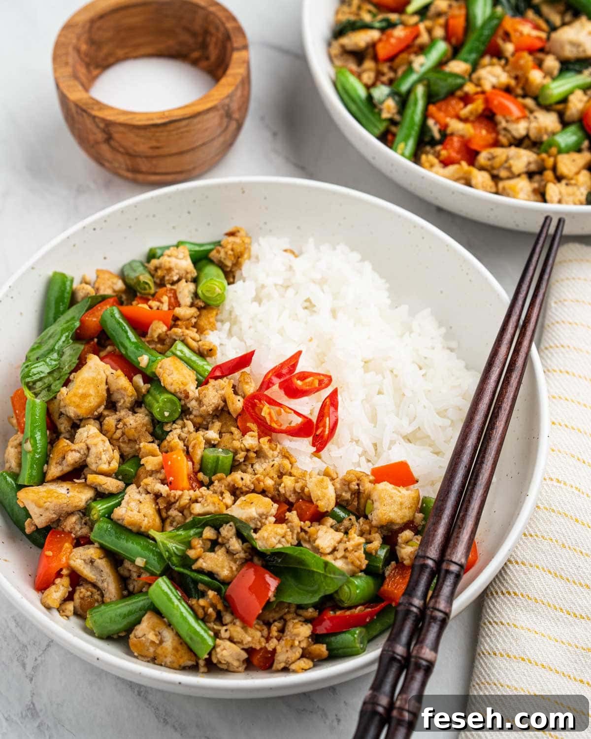 plate of Thai basil tofu pad krapow with rice.