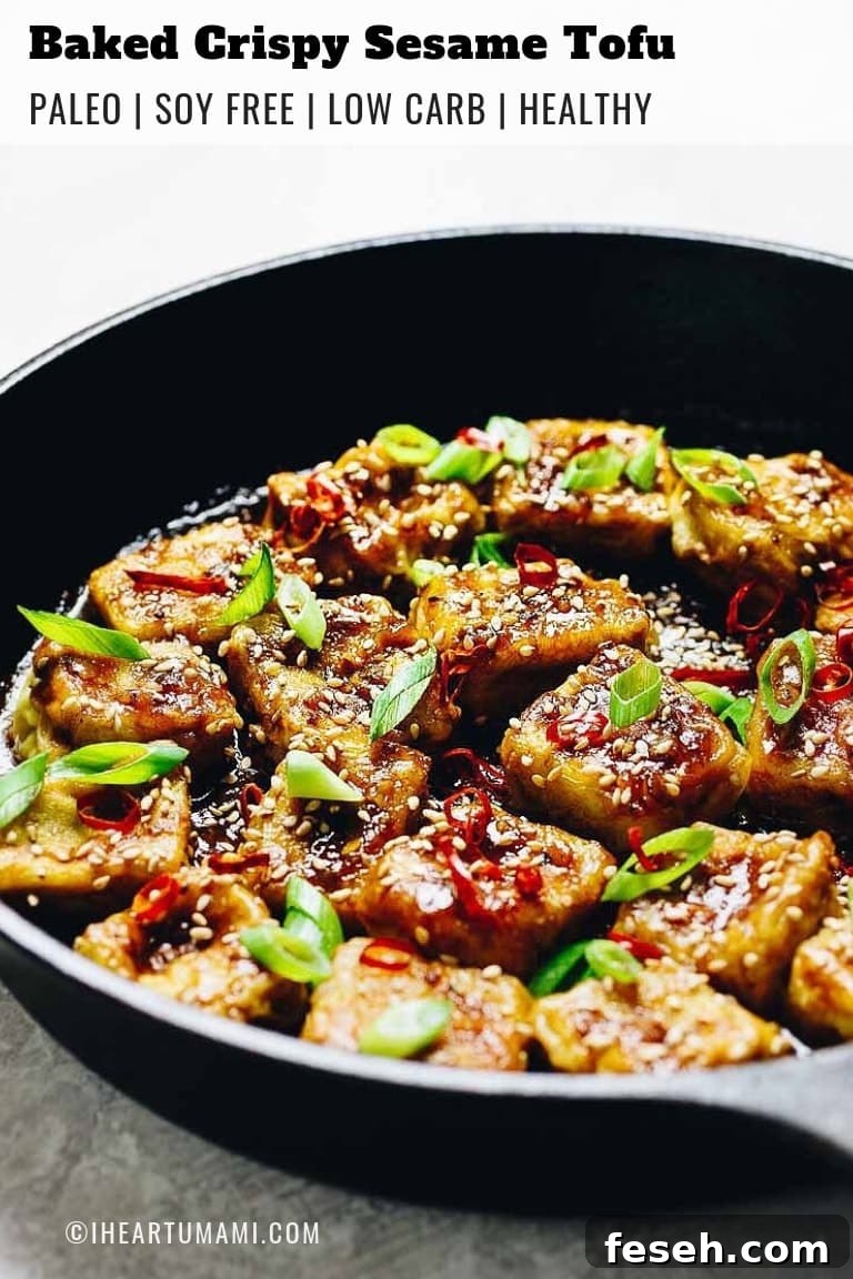 Paleo Crispy Sesame Tofu recipe with oven baked soy free egg custard tofu in Whole30 Sesame Sauce.