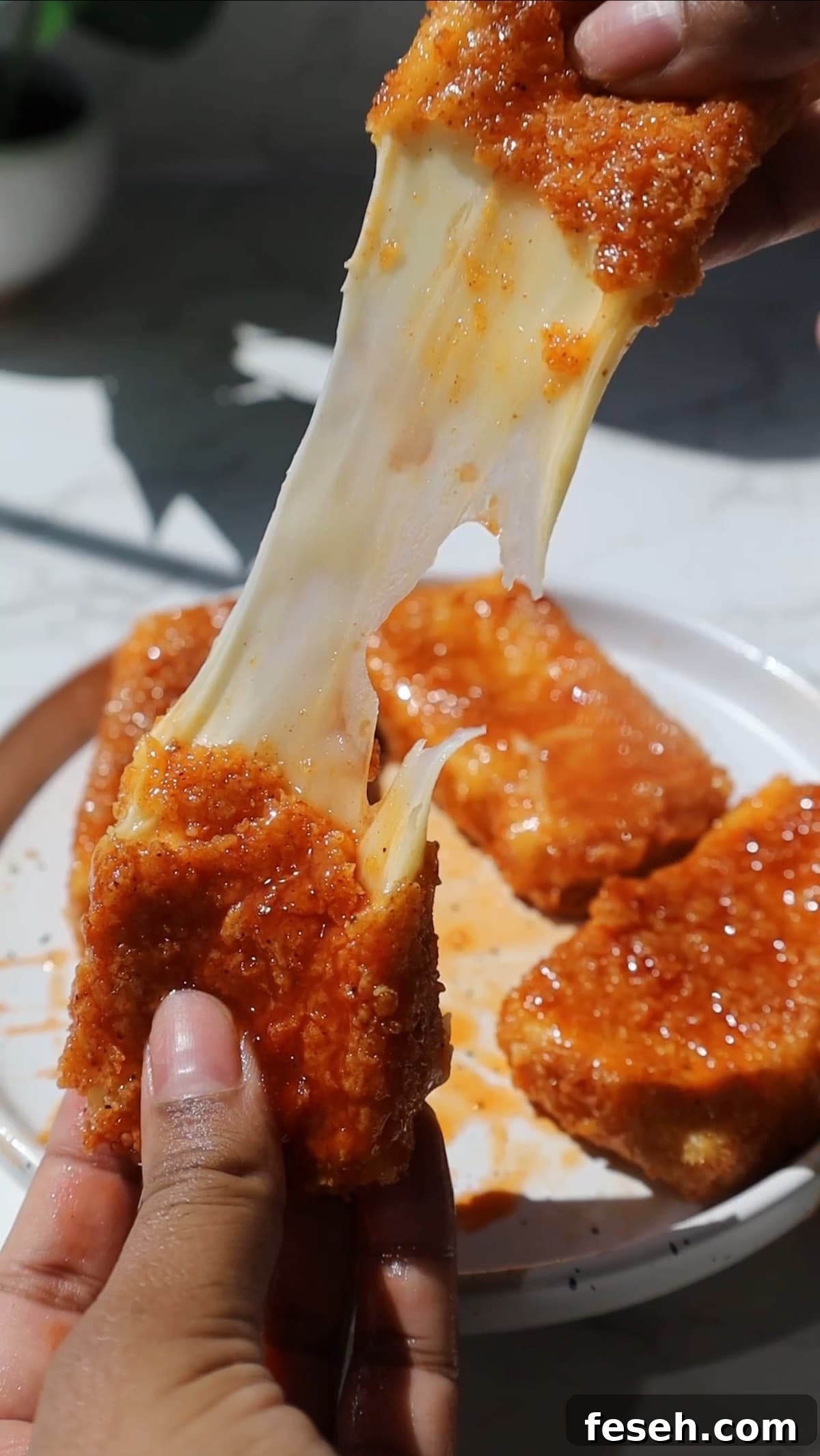 Spicy Honey Mozzarella Sticks Recipe (Video Included) 2 hot honey mozzarella sticks cheese pull