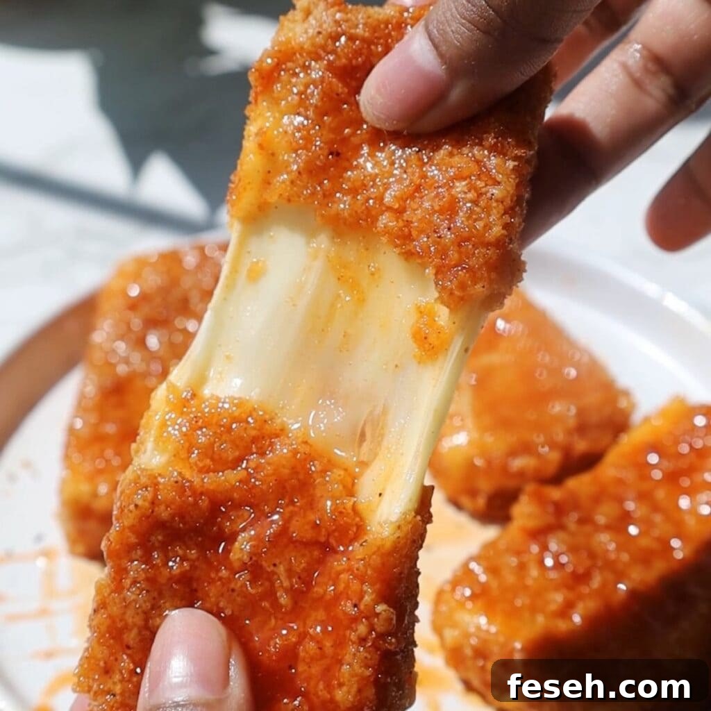 Spicy Honey Mozzarella Sticks Recipe (Video Included) 14 Hot honey mozzarella stick being pulled apart.