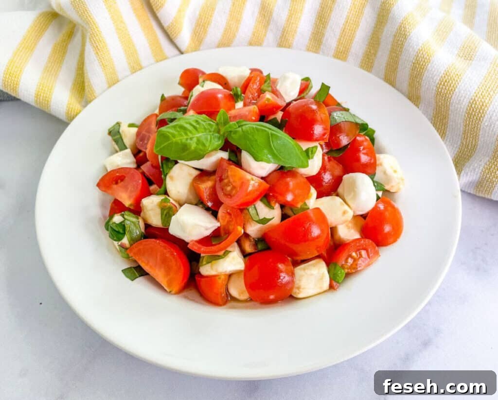 Cherry tomatoes and mozzarella on a white plate. Garnished with a sprig of basil.