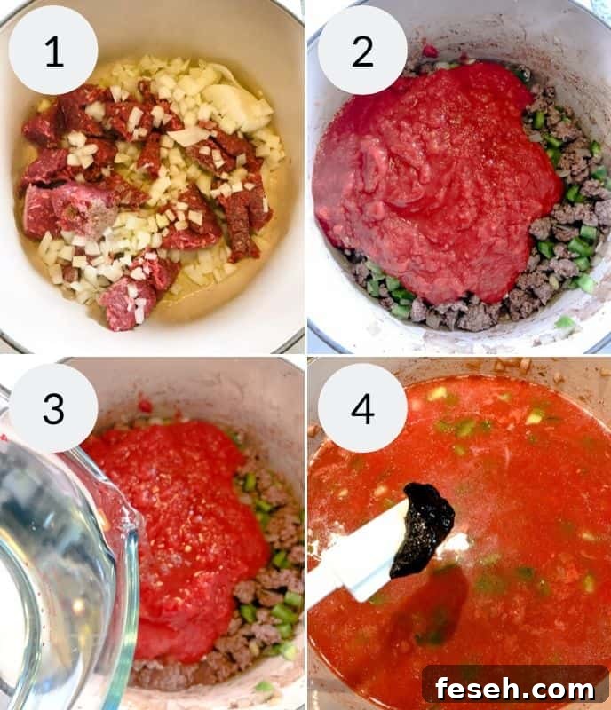 A series of photos demonstrating how to prepare Unstuffed Pepper Soup.