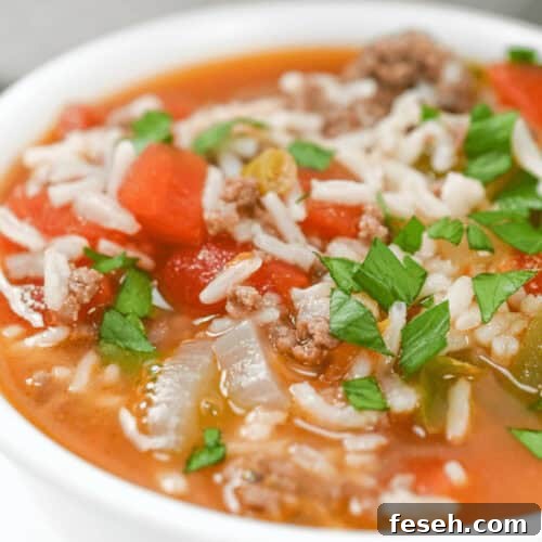 Unstuffed Pepper Soup with meat, rice, and vegetables.