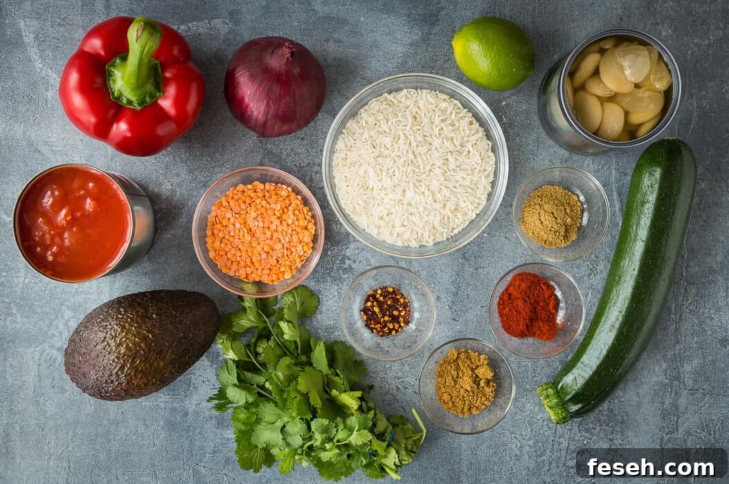 Lentil, vegetable and butter bean chilli ingredients