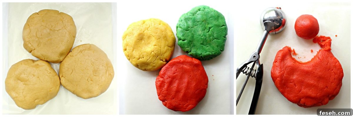 Instructions: three portions white dough, three dough portions colored yellow, green, orange, scoop into dough balls.