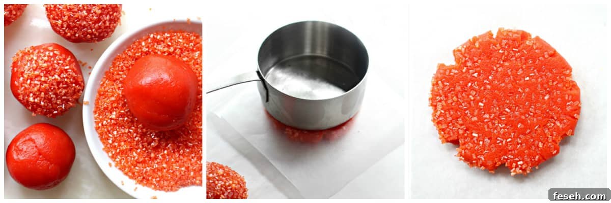 Roll dough balls in sugar, press flat, flattened orange cookies.