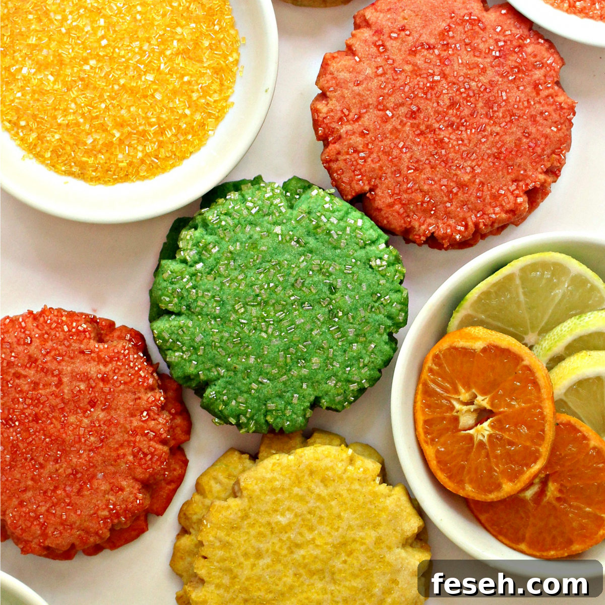 Closeup of sugar cookies with sparkle sugar embedded in the tops.