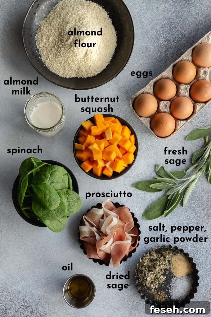 Ingredients to make squash quiche arranged individually and labelled.