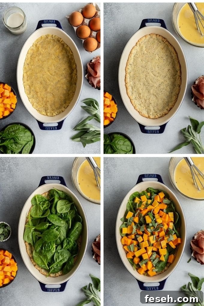 Collage of 4 images showing how the crust is made and the quiche is assembled.