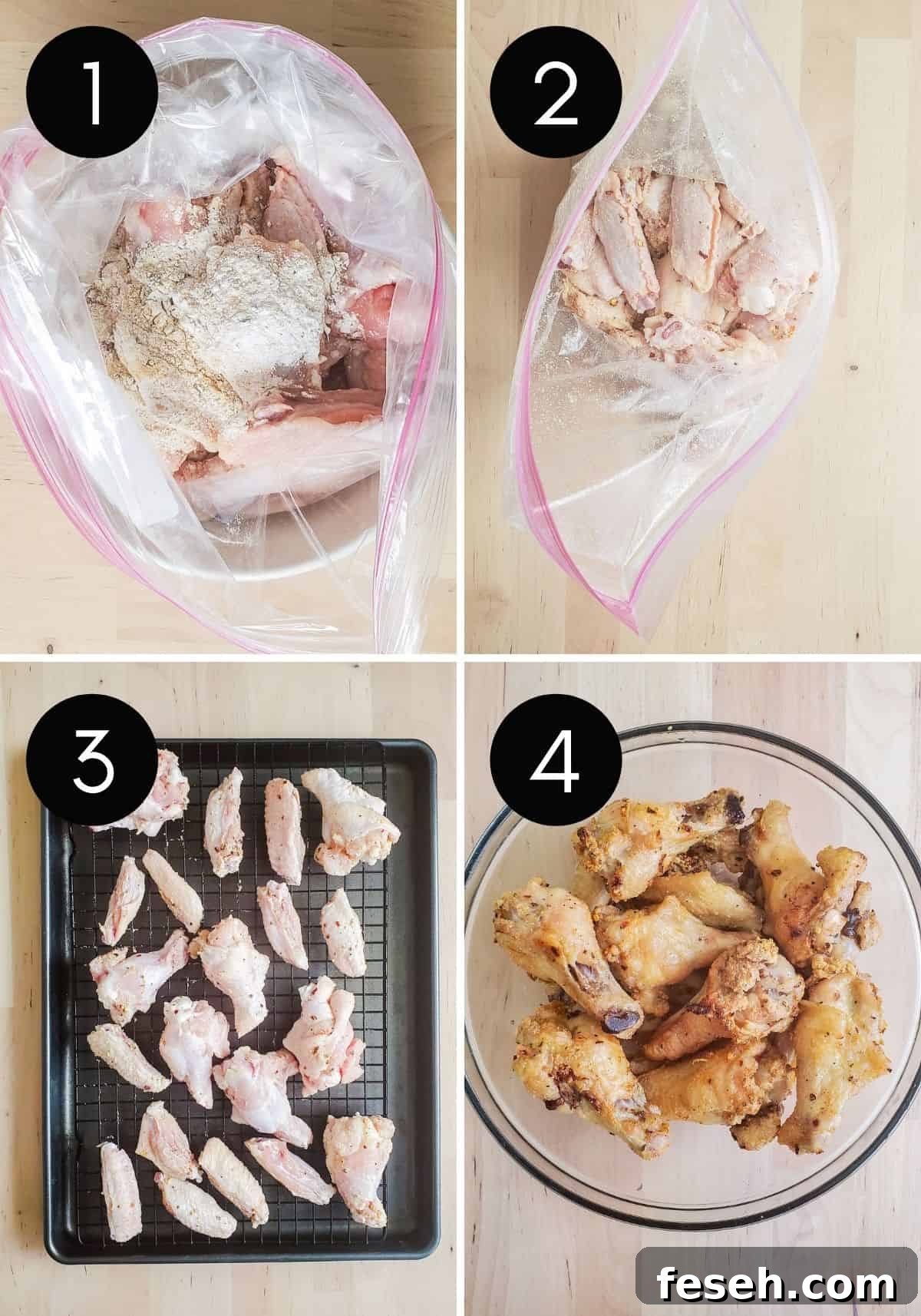 Four pre image collage with numbered pictures of wings being prepped and baked.