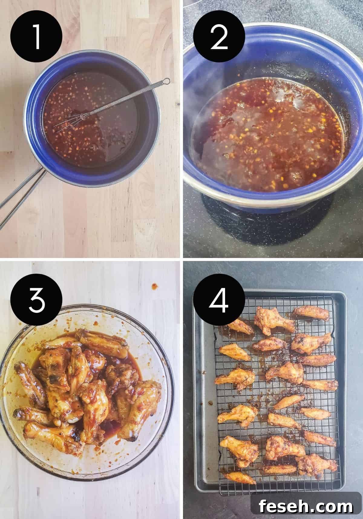 Prep image for wing recipe showing four image collage of sauce being made then wings being coated in sauce.