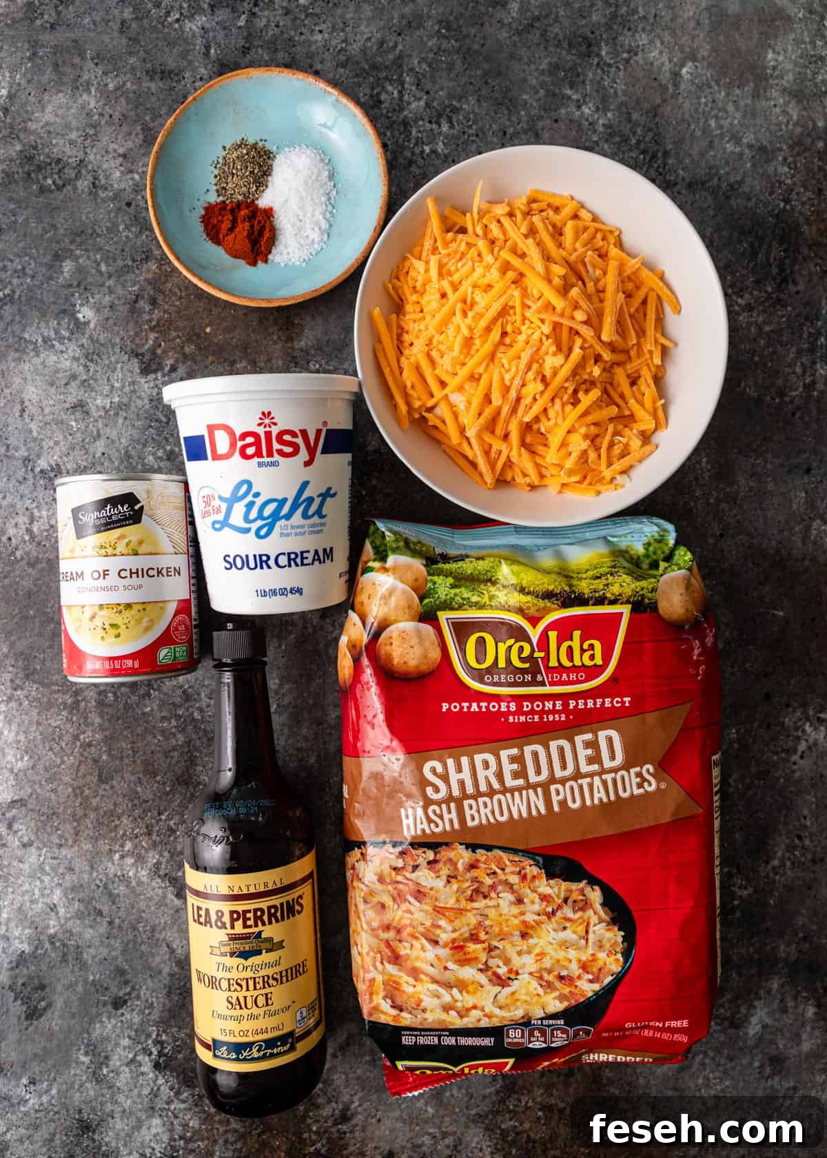 Southern Hashbrown Casserole Recipe for Comforting Family Dinners 4 overhead: ingredients needed for this hashbrown casserole recipe