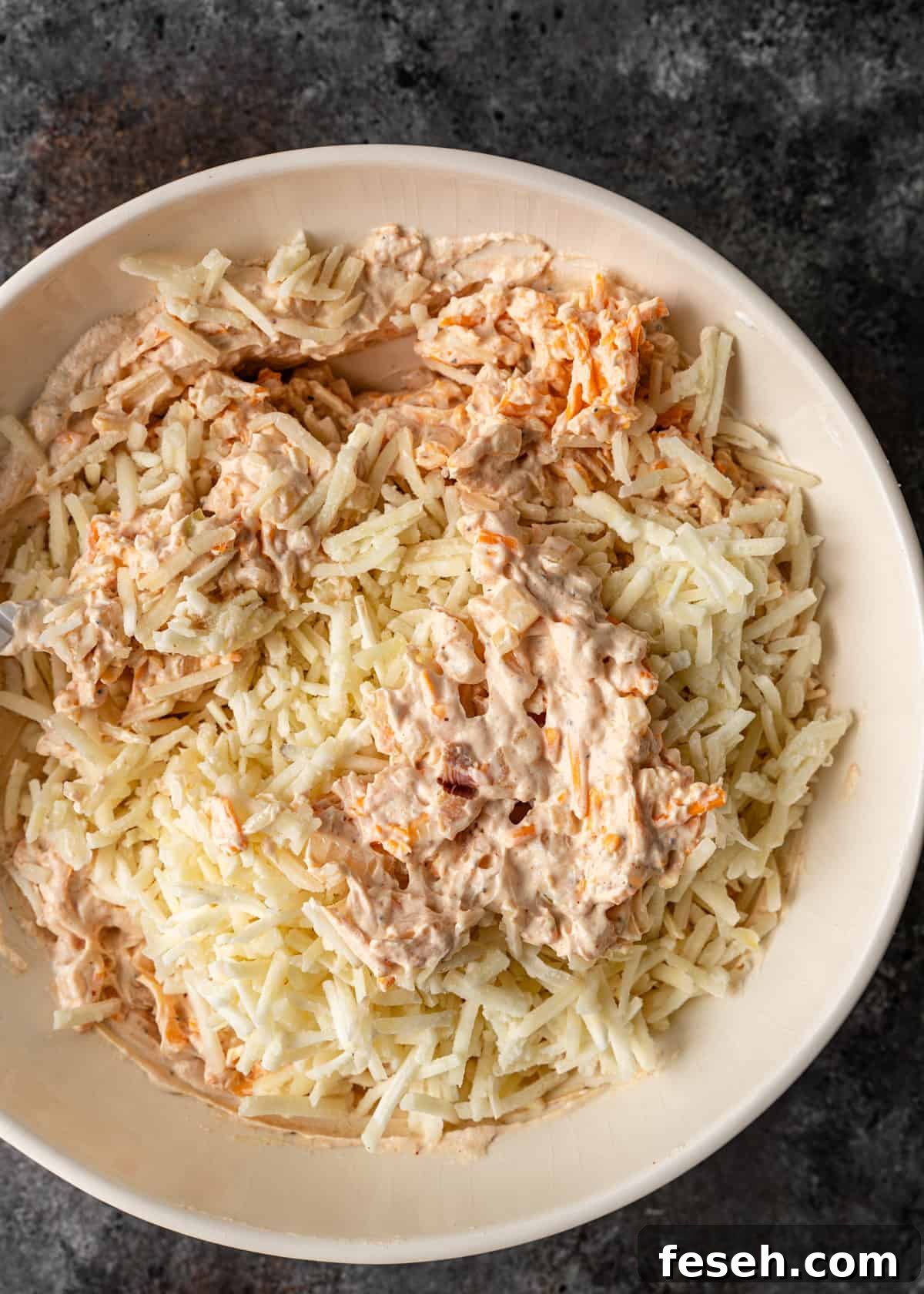 Southern Hashbrown Casserole Recipe for Comforting Family Dinners 5 overhead: prepared ingredients for this hashbrown casserole recipe