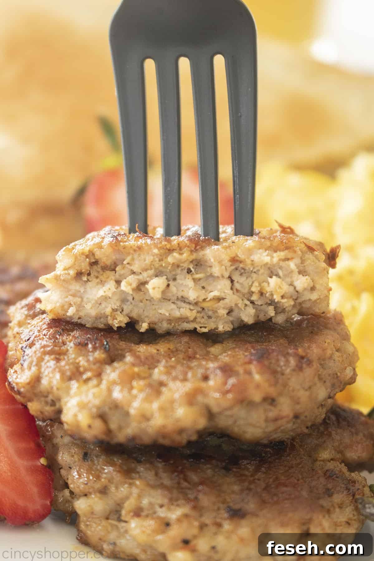 Stack of Breakfast Sausage Patties with a fork.