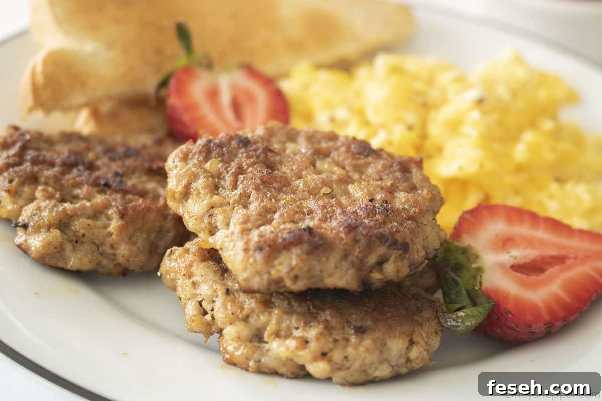 Breakfast sausage on a plate with eggs, toast and strawberries.