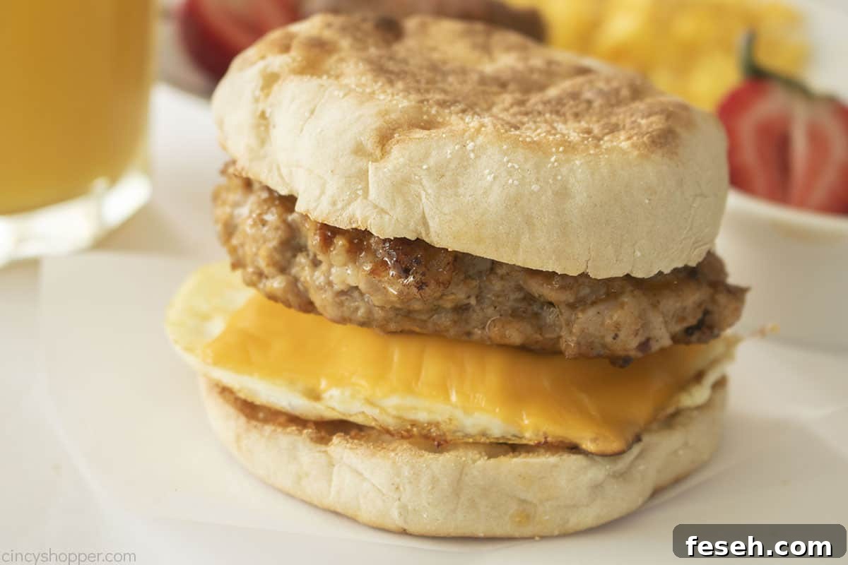 Homemade Breakfast Sausage Patty on a English Muffin with egg and cheese.