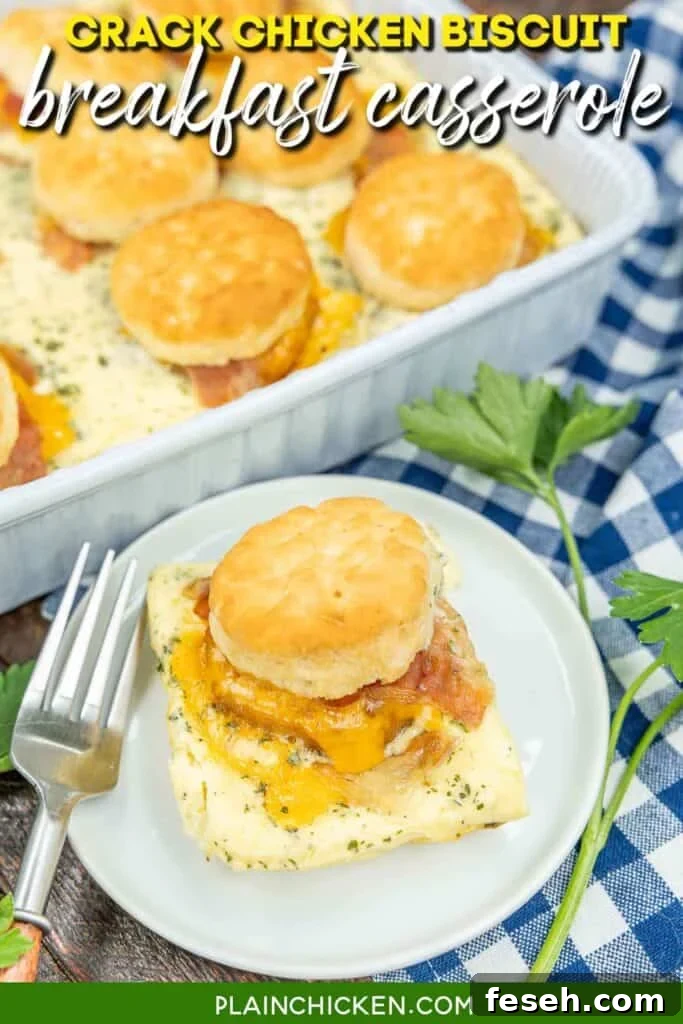 chicken biscuit casserole on a plate with text overlay