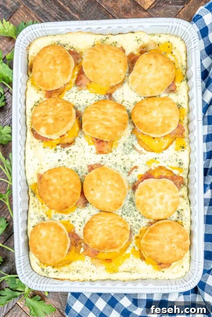 crack chicken biscuit breakfast casserole in a baking dish on a table