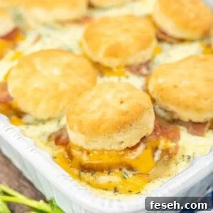 crack chicken biscuit casserole in a baking dish with text overlay