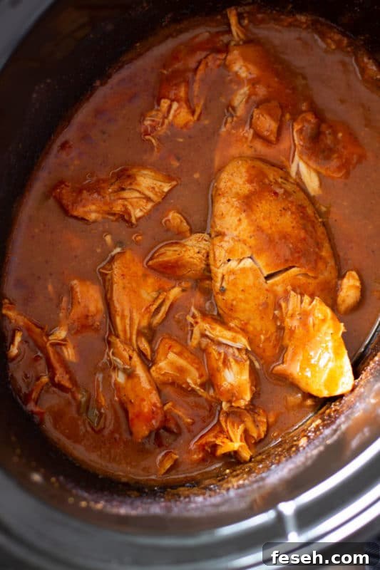 Cooked chicken breasts in a crockpot with a salsa based sauce.